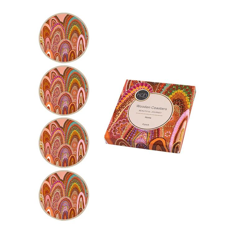 Koh Living Aboriginal Wooden Coasters 'Home' 4er-Set